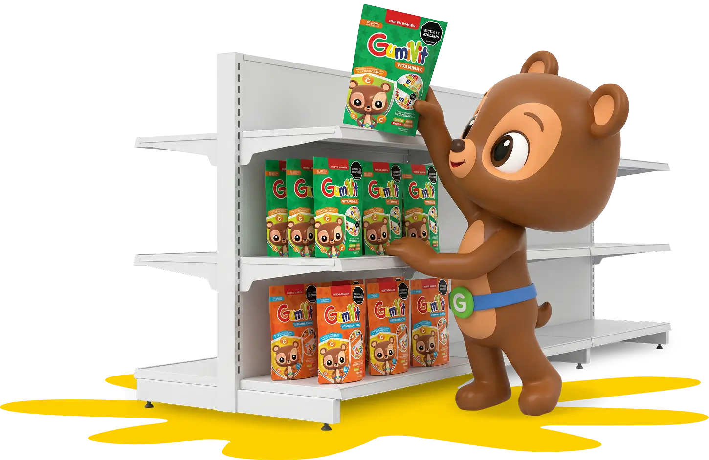Vito organizando productos Gumivit en el estante de una farmacia